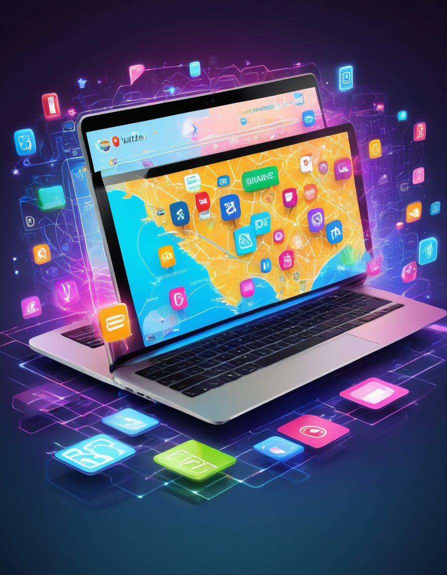 A vibrant image showcasing an array of digital shopping platforms on a map of Paraguay with popular product icons like clothes, electronics, and groceries floating around. Include an illustrated laptop and smartphone displaying online store interfaces. The background should feature a glowing network of interconnected lines symbolizing digital connectivity. vector art. vibrant colors.