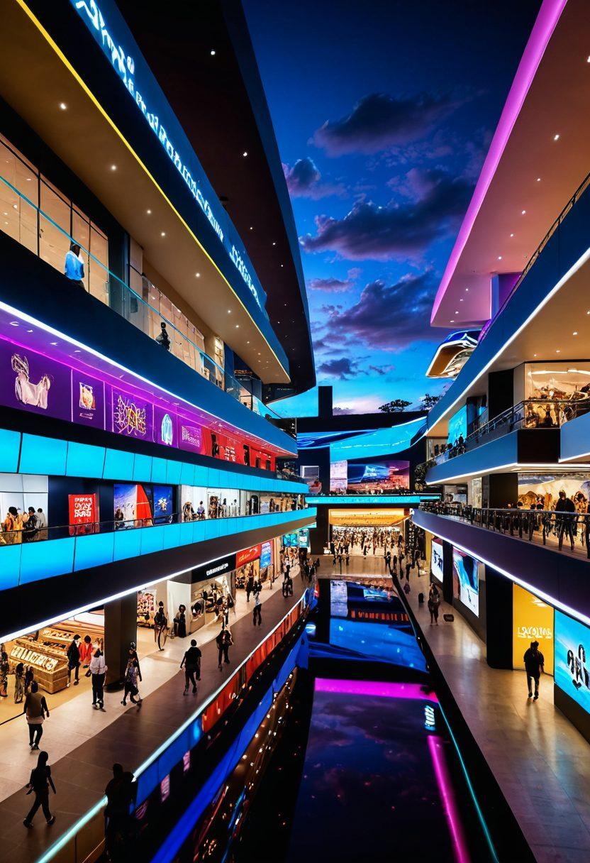 A dynamic virtual shopping mall with a futuristic design, showcasing iconic Paraguayan products like traditional crafts and modern tech gadgets. Shoppers navigate seamlessly through holographic aisles while vibrant, digital banners highlight local brands. Include a picturesque Paraguayan skyline in the background. super-realistic. vibrant colors. high-tech. energetic atmosphere.