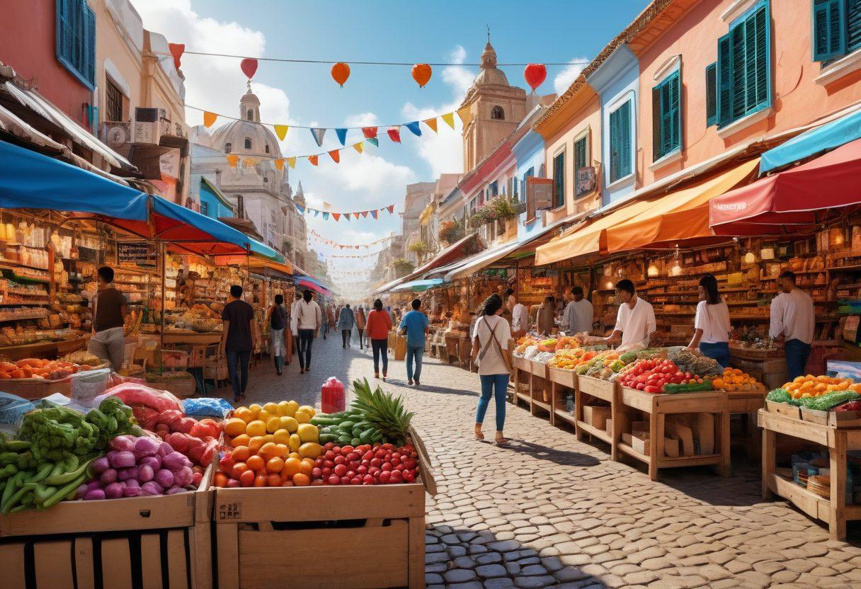 A vibrant marketplace scene filled with diverse products like electronics, clothing, and groceries, bustling with international buyers and sellers making transactions on smartphones and laptops. Digital icons float above, symbolizing secure payment, fast delivery, and customer reviews, all set against a backdrop featuring famous Paraguayan landmarks. super-realistic. vibrant colors. white background.